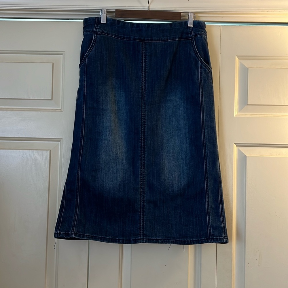 Christopher Banks denim midi skirt distressed look slide on with pockets